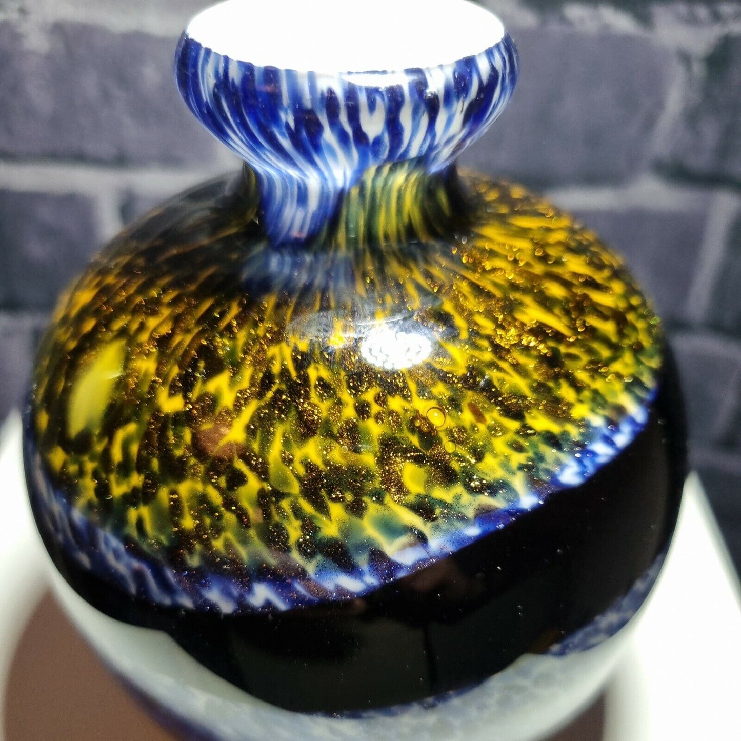 Studio Art Glass Bud Vase. Sparkling  Yellow and Purple Abstract. VGC.