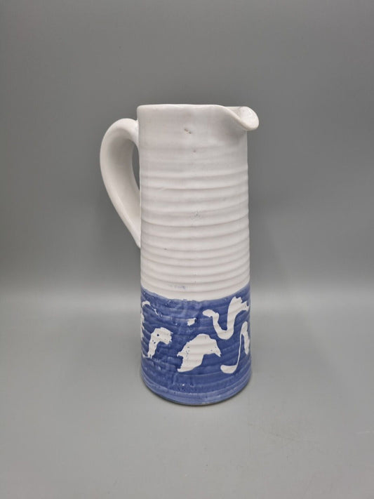 A Tall Studio Pottery Ribbed Jug / Pitcher, Unmarked.