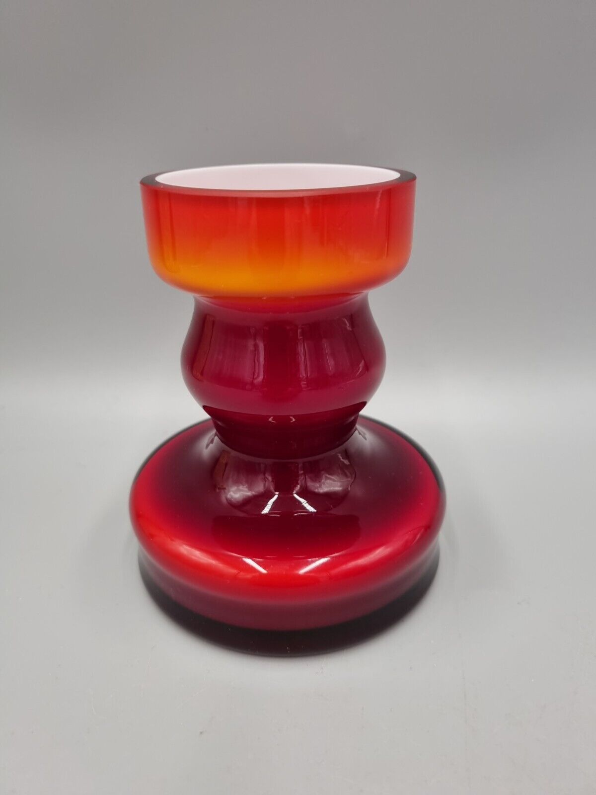 A Studio Glass Cased Red & White Glass Candlestick Holder From Poland.