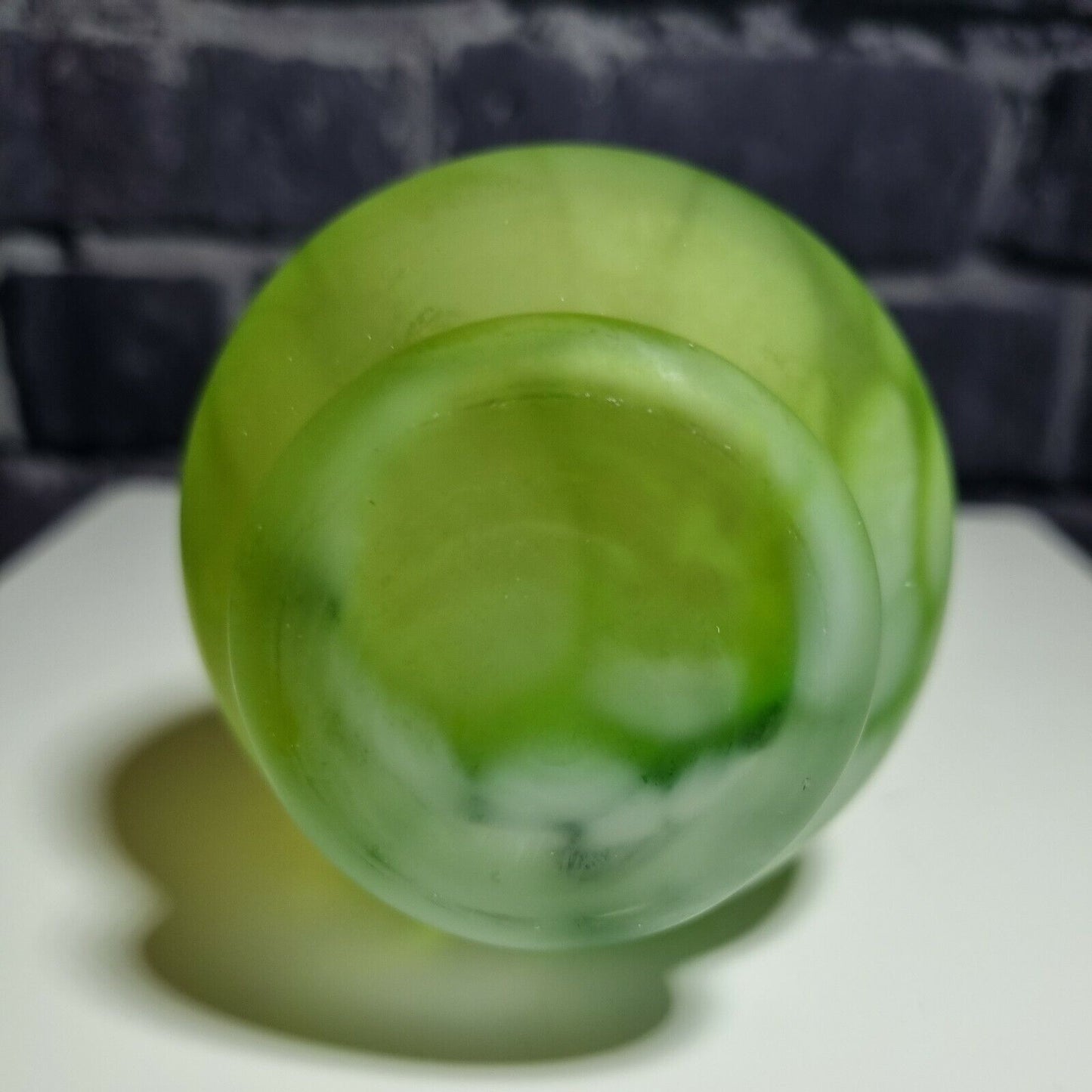 A green and White Frosted Vintage glass posy / bud vase with frilled mouth, VGC.