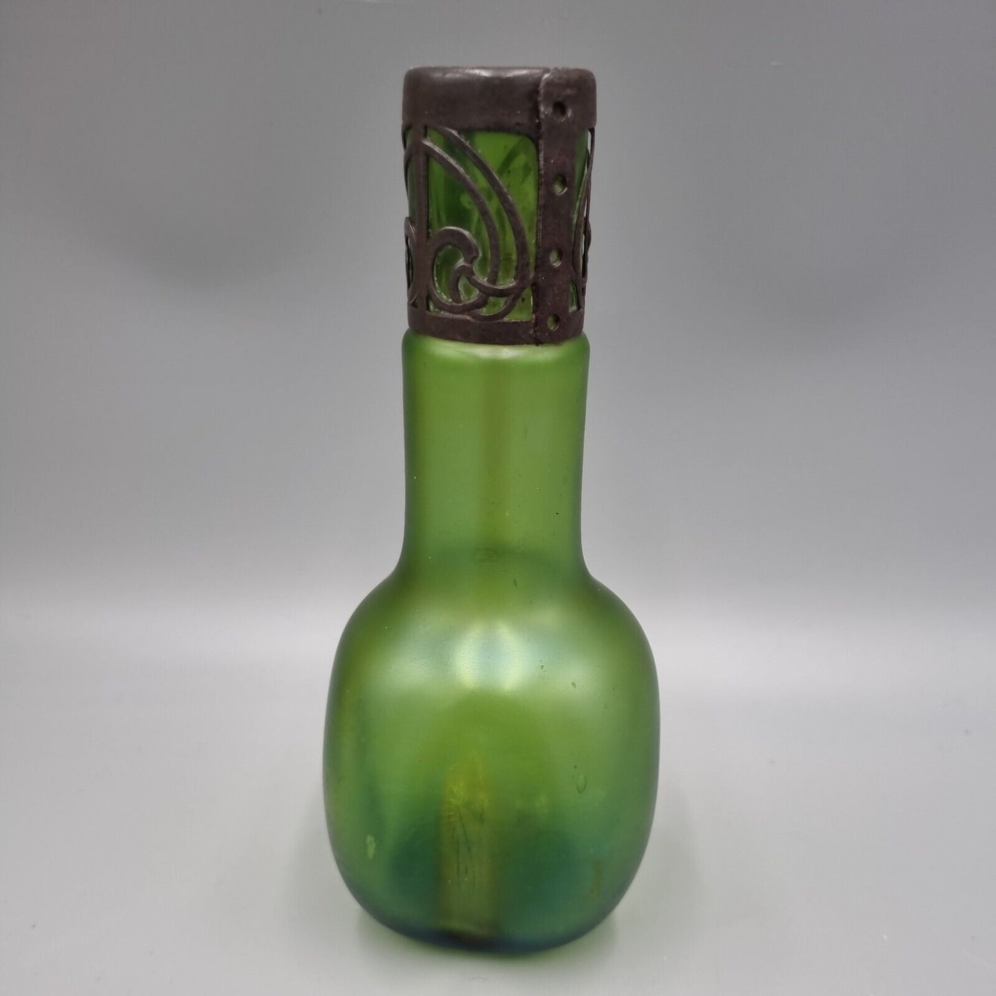 An Antique Loetz, Art Nouveau, Green Glass Metal Overlay Vase.