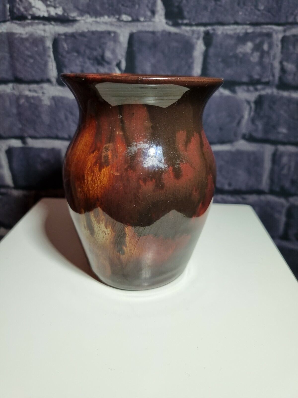 Ewenny Pottery Wales small Vase Mottled Amber / brown / red, VGC, H=11.5cm.