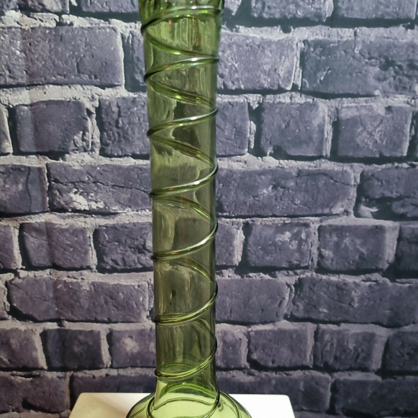 VINTAGE GLASS  Vase GREEN Hand-blown Spiral trail, crimp finish, Bohemian?