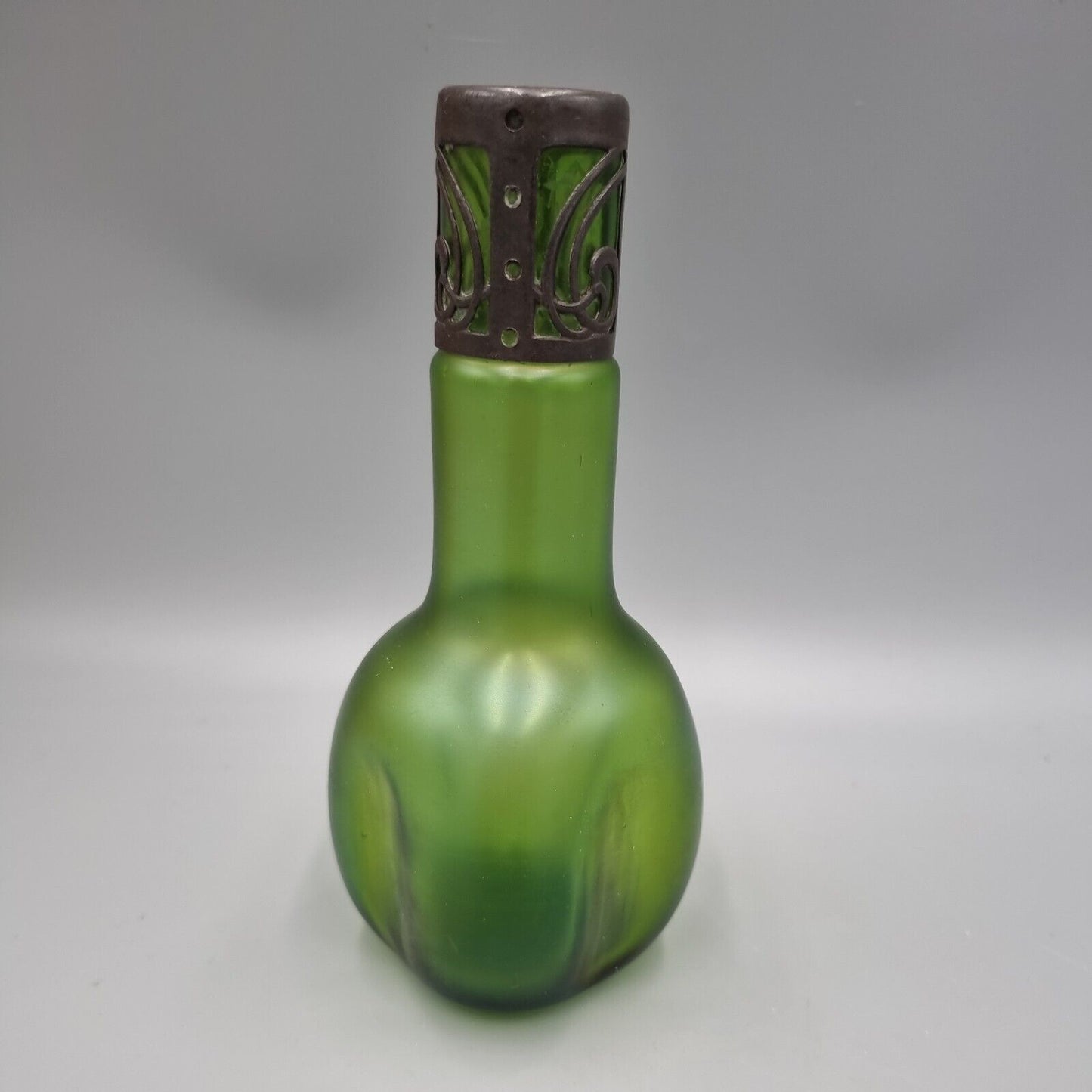 An Antique Loetz, Art Nouveau, Green Glass Metal Overlay Vase.