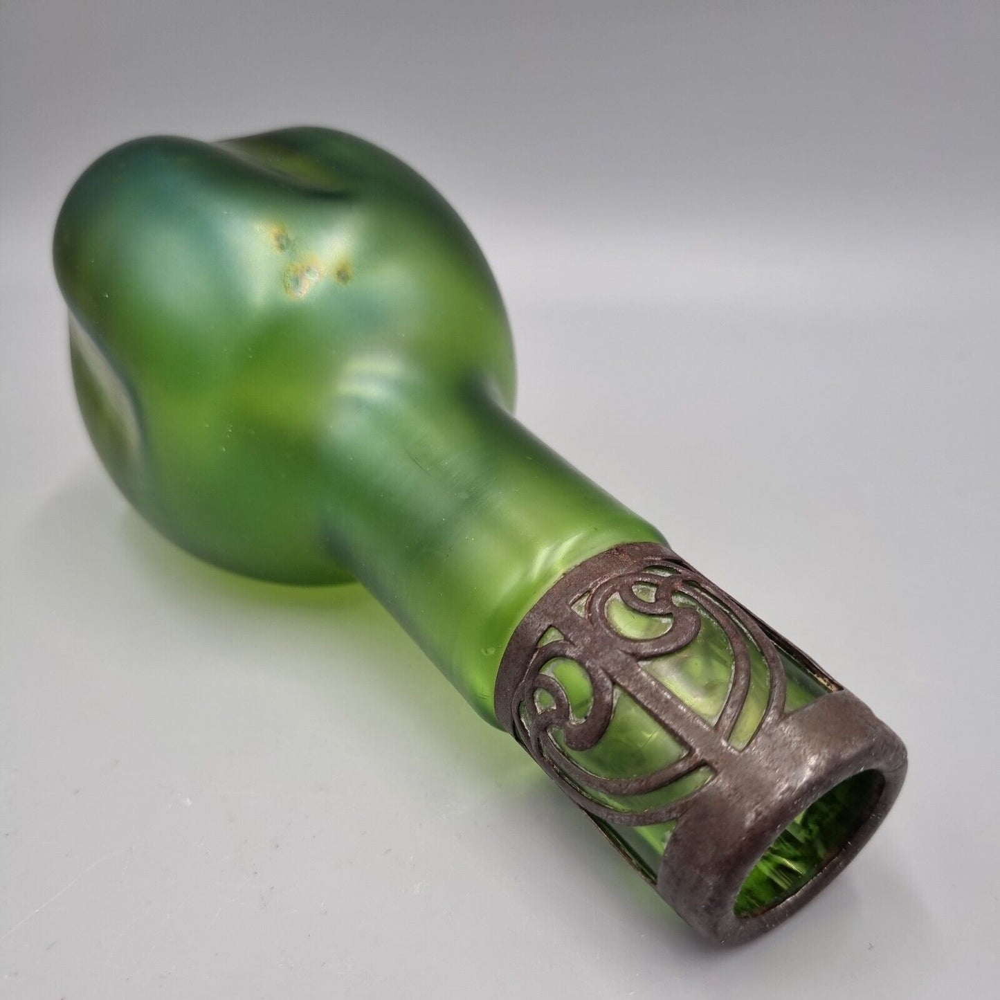 An Antique Loetz, Art Nouveau, Green Glass Metal Overlay Vase.