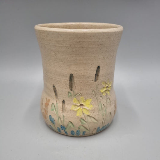 A Studio Pottery Vase With Impressed Flower Decoration, Marked To Base.