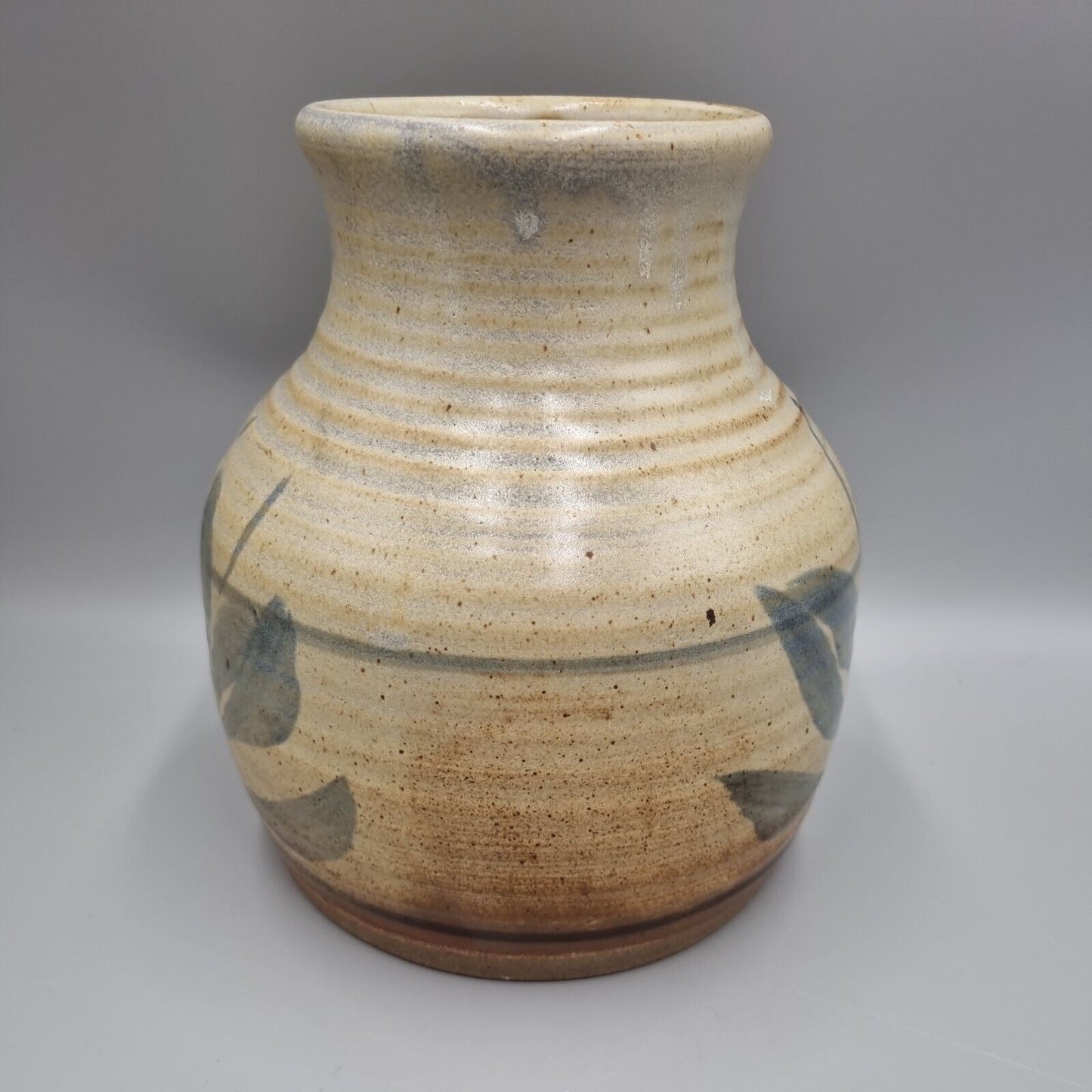 A Substantial Studio Pottery Vase, Blue Leaf Decoration. Unmarked.