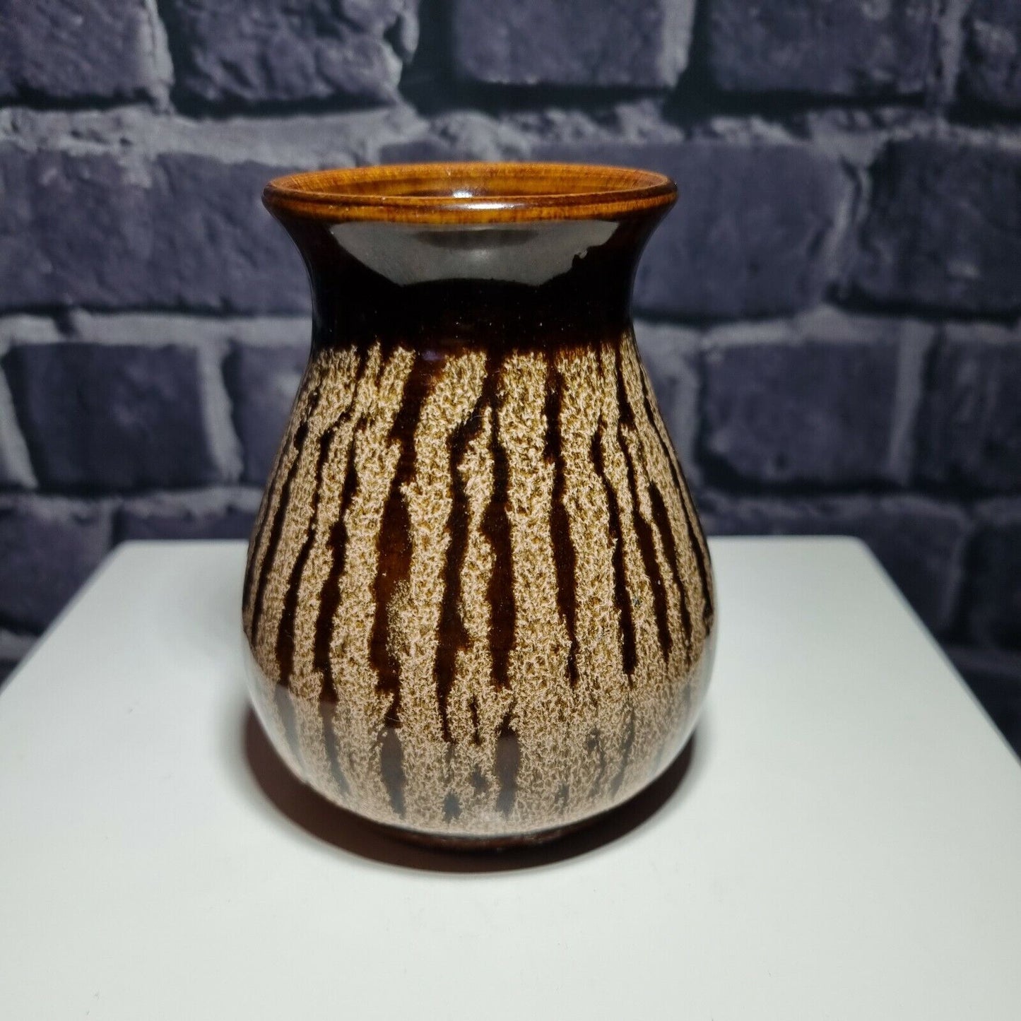 Small Pottery Posy Flower Vase, Rich Brown Honeycomb Glaze, signed, VGC.