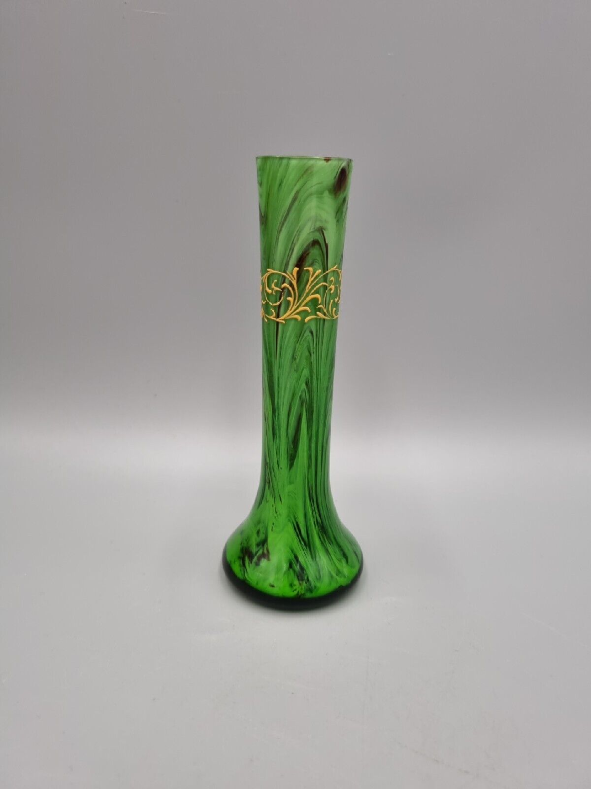 A Small Green Studio Glass Posy / Bud Spill Vase with Gold Enamel Decoration.