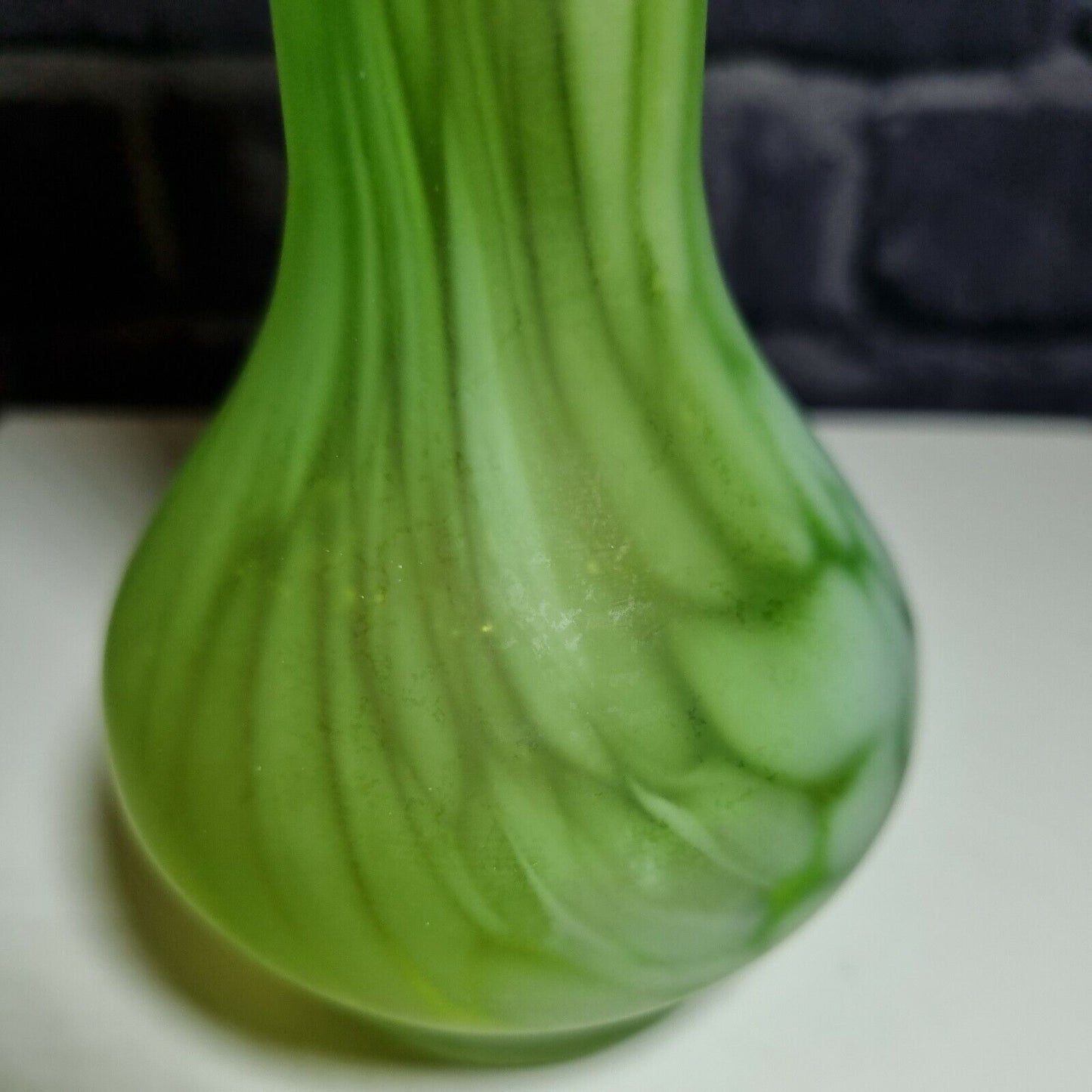 A green and White Frosted Vintage glass posy / bud vase with frilled mouth, VGC.