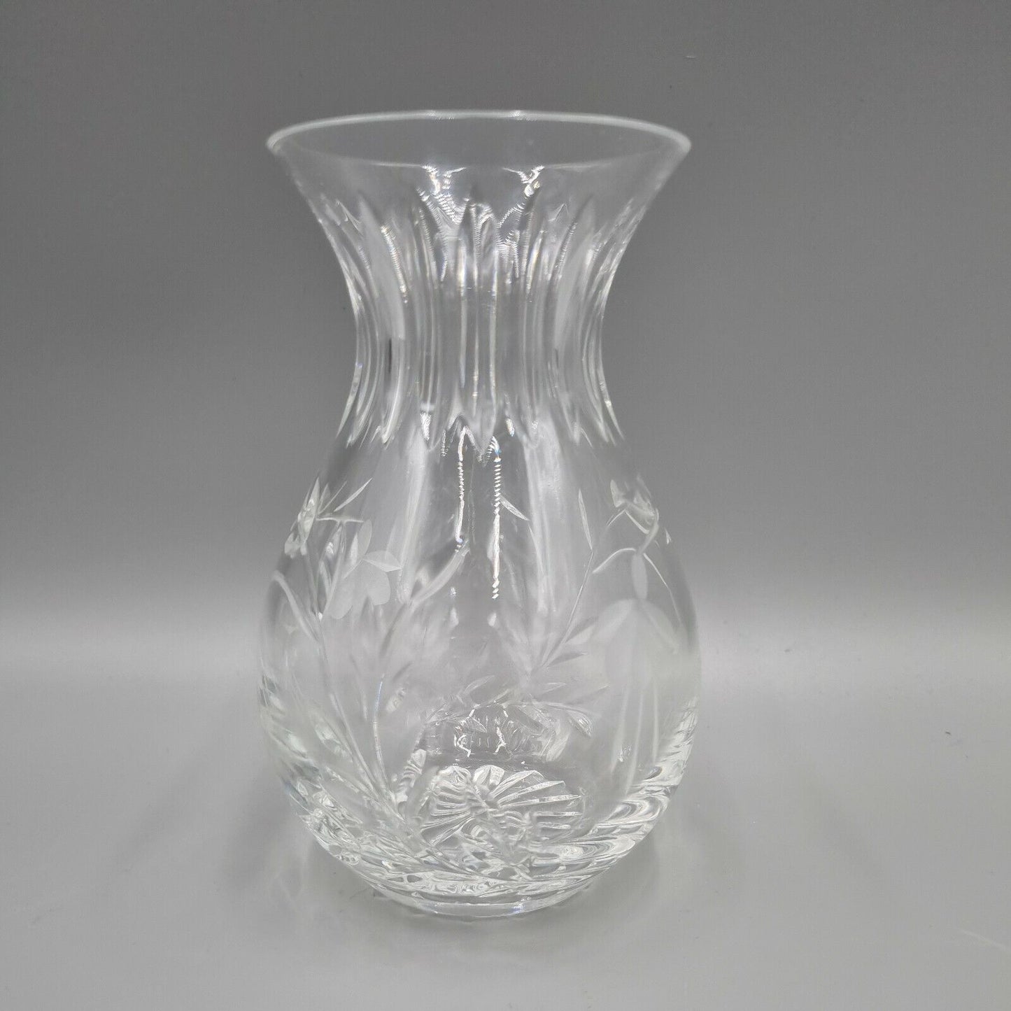 A Stuart Crystal Hand Engraved Bulb Vase, Fuchsia Design. VGC. H - 6".