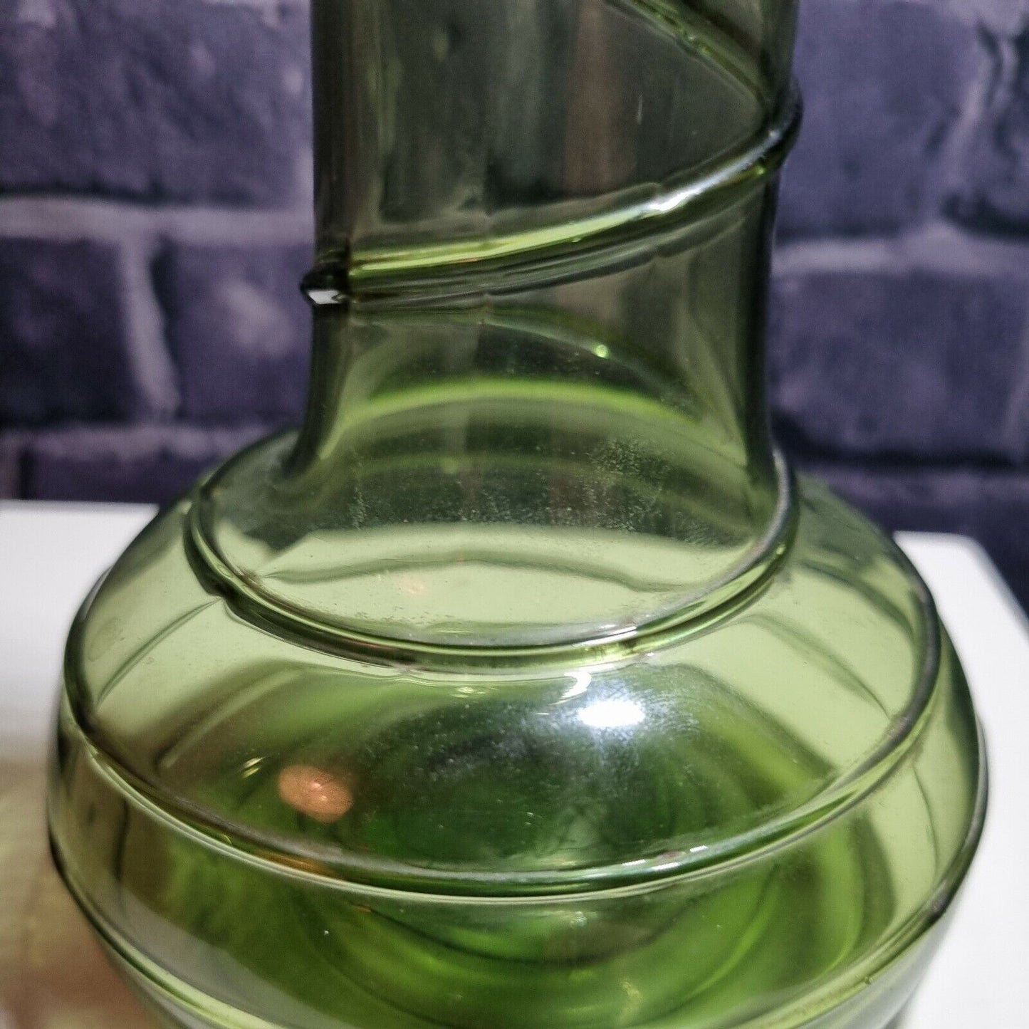 VINTAGE GLASS  Vase GREEN Hand-blown Spiral trail, crimp finish, Bohemian?