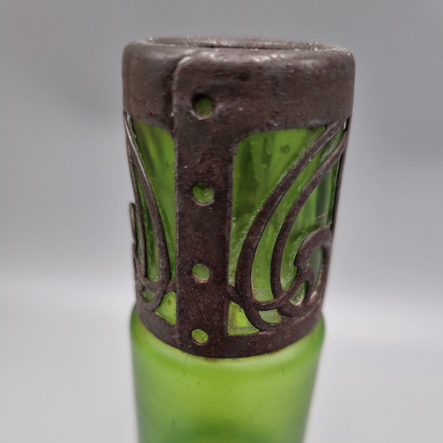 An Antique Loetz, Art Nouveau, Green Glass Metal Overlay Vase.