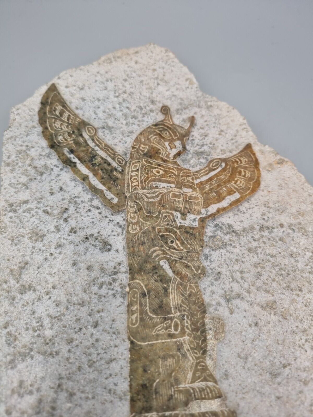 A Bas-Relief Hand Carved Stone Image Of A Maya Totem, Signed.