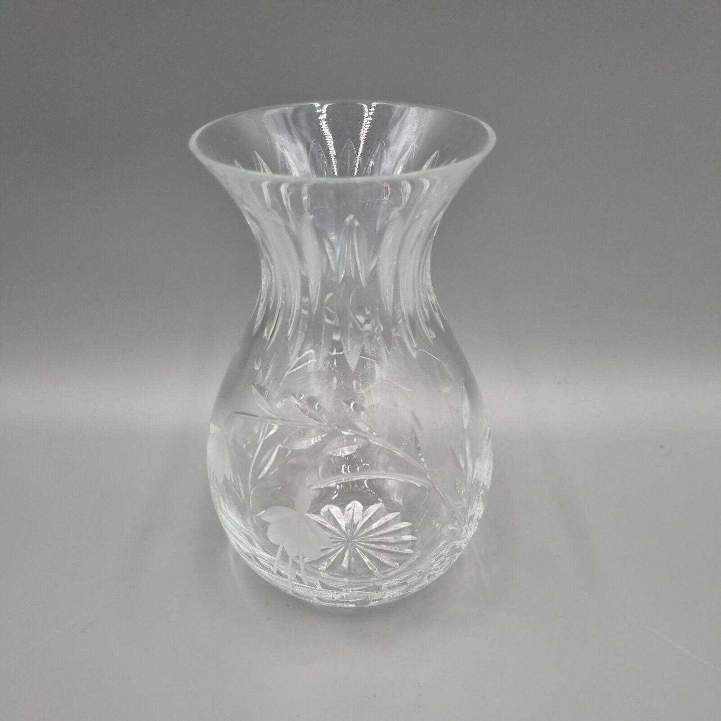 A Stuart Crystal Hand Engraved Bulb Vase, Fuchsia Design. VGC. H - 6".