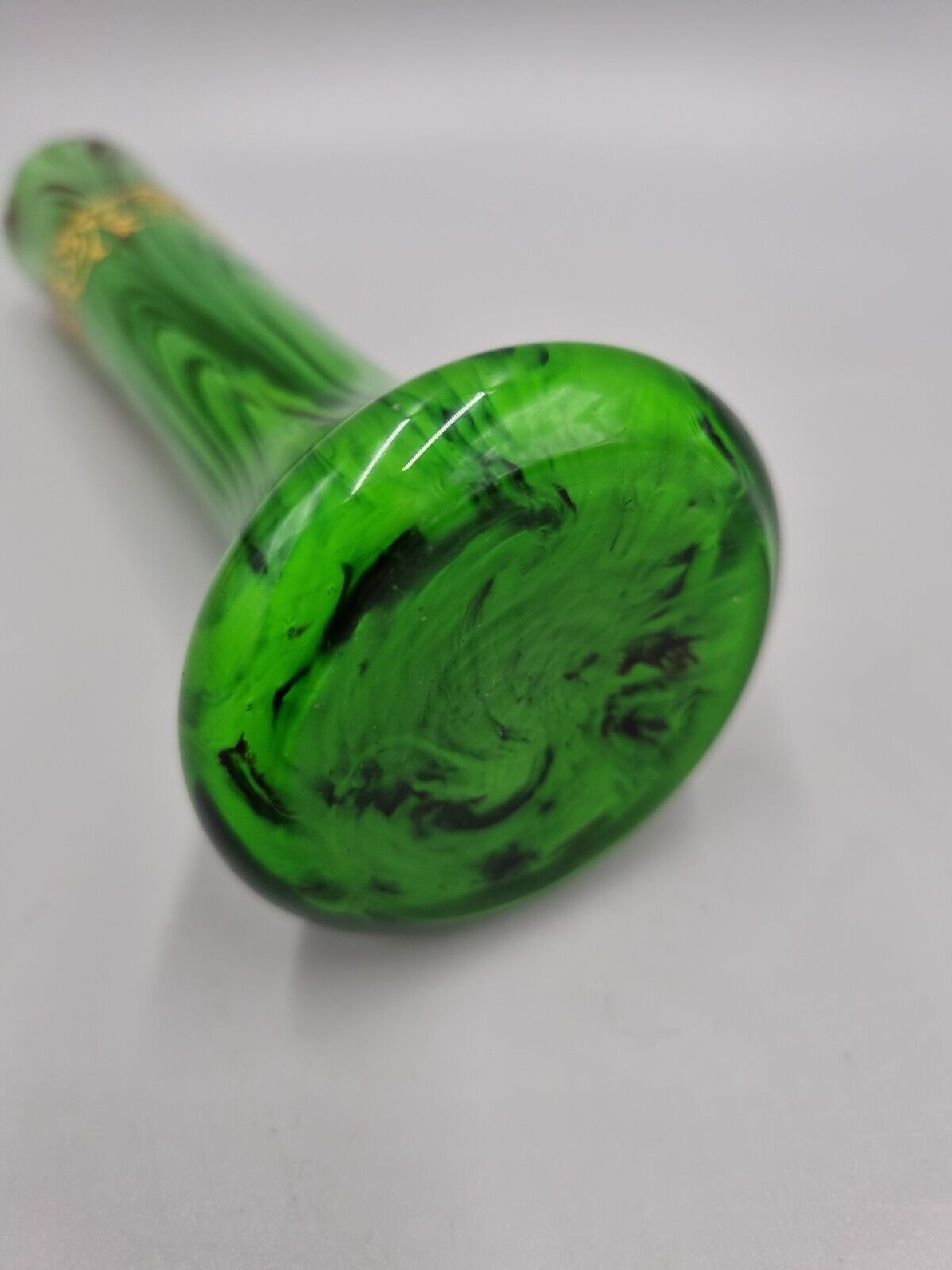 A Small Green Studio Glass Posy / Bud Spill Vase with Gold Enamel Decoration.