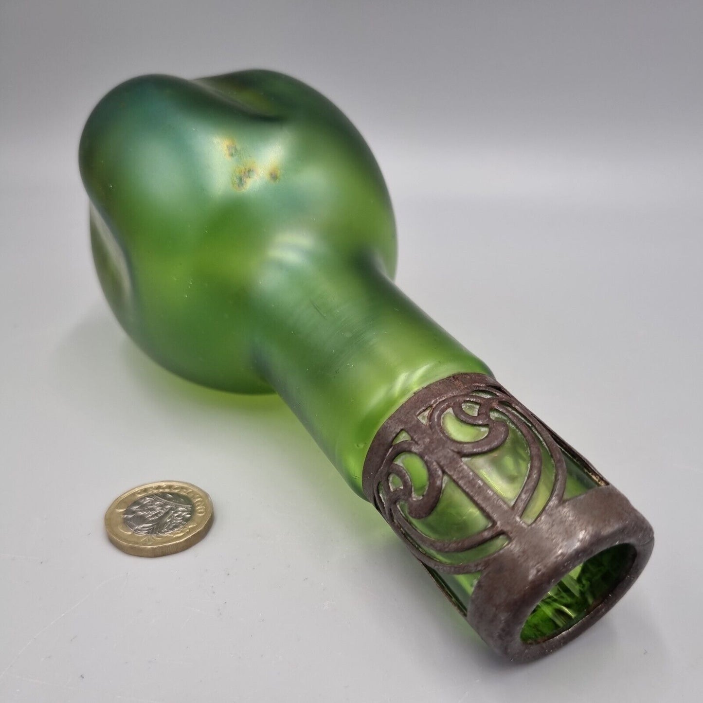 An Antique Loetz, Art Nouveau, Green Glass Metal Overlay Vase.