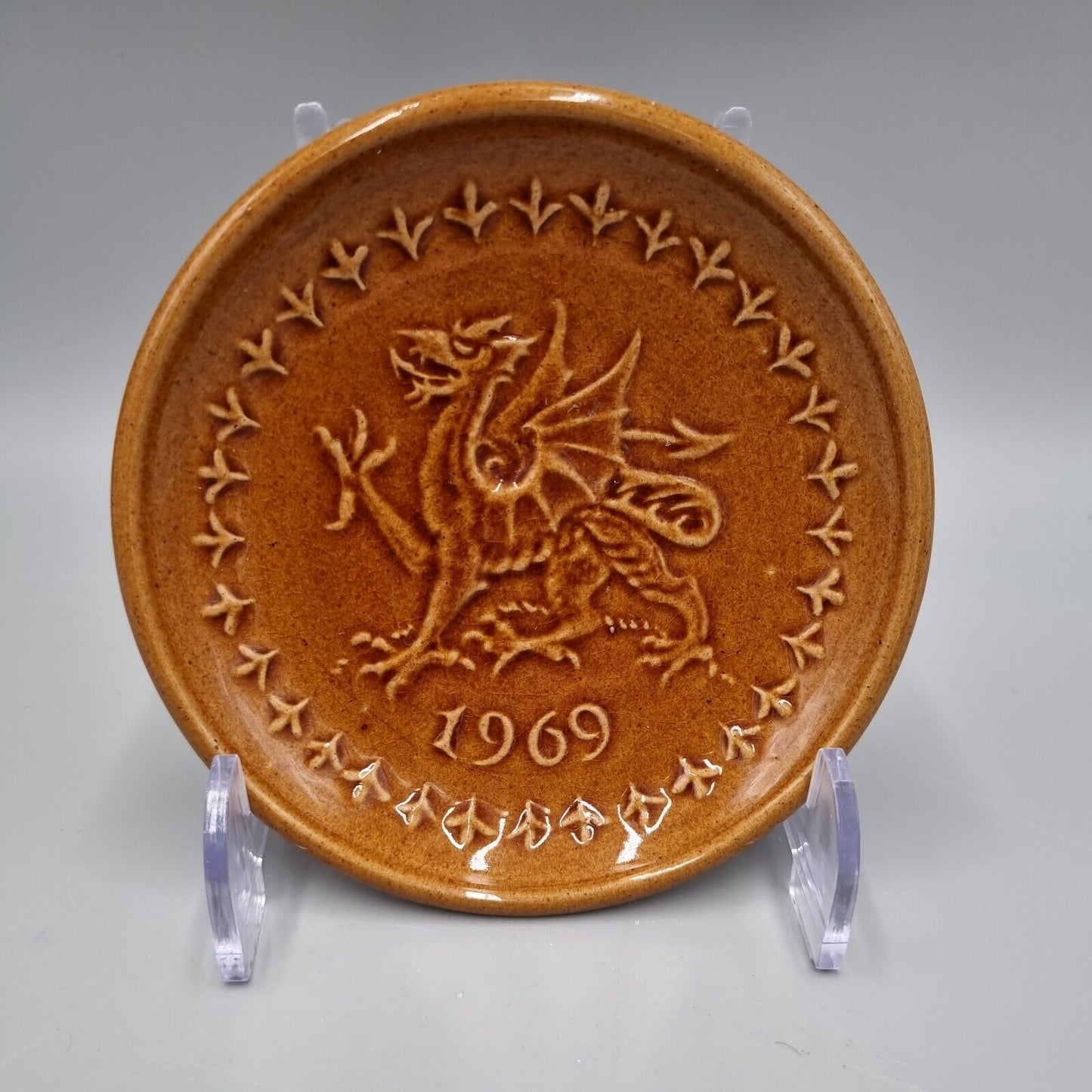 A Vintage Rye Pottery Small Plate / Dish, Centenary 1869 to 1969, Orange Dragon.