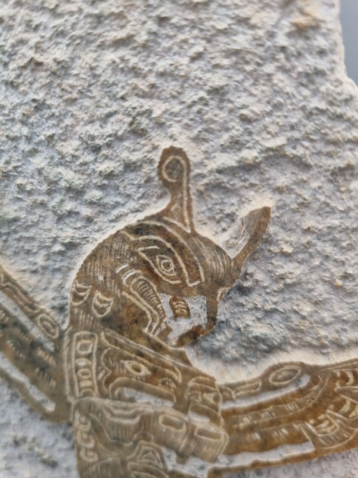 A Bas-Relief Hand Carved Stone Image Of A Maya Totem, Signed.