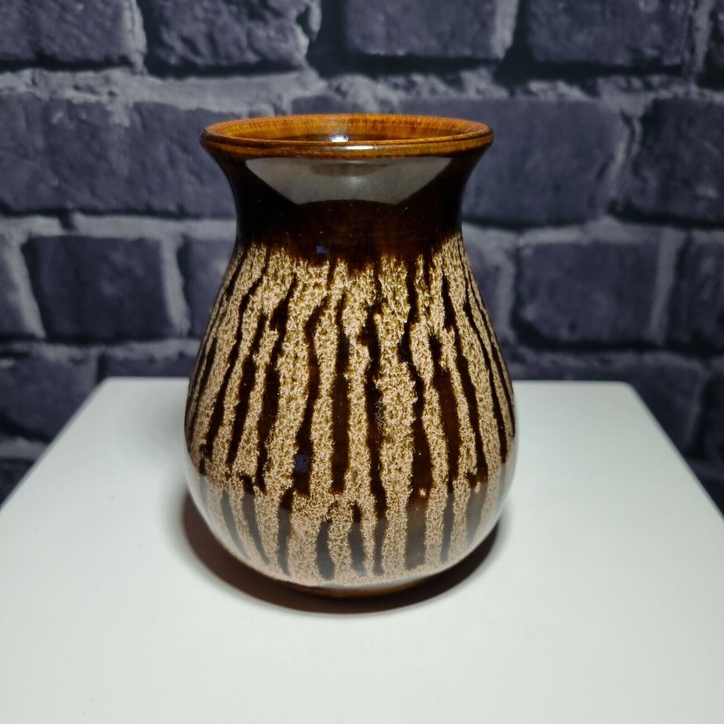 Small Pottery Posy Flower Vase, Rich Brown Honeycomb Glaze, signed, VGC.