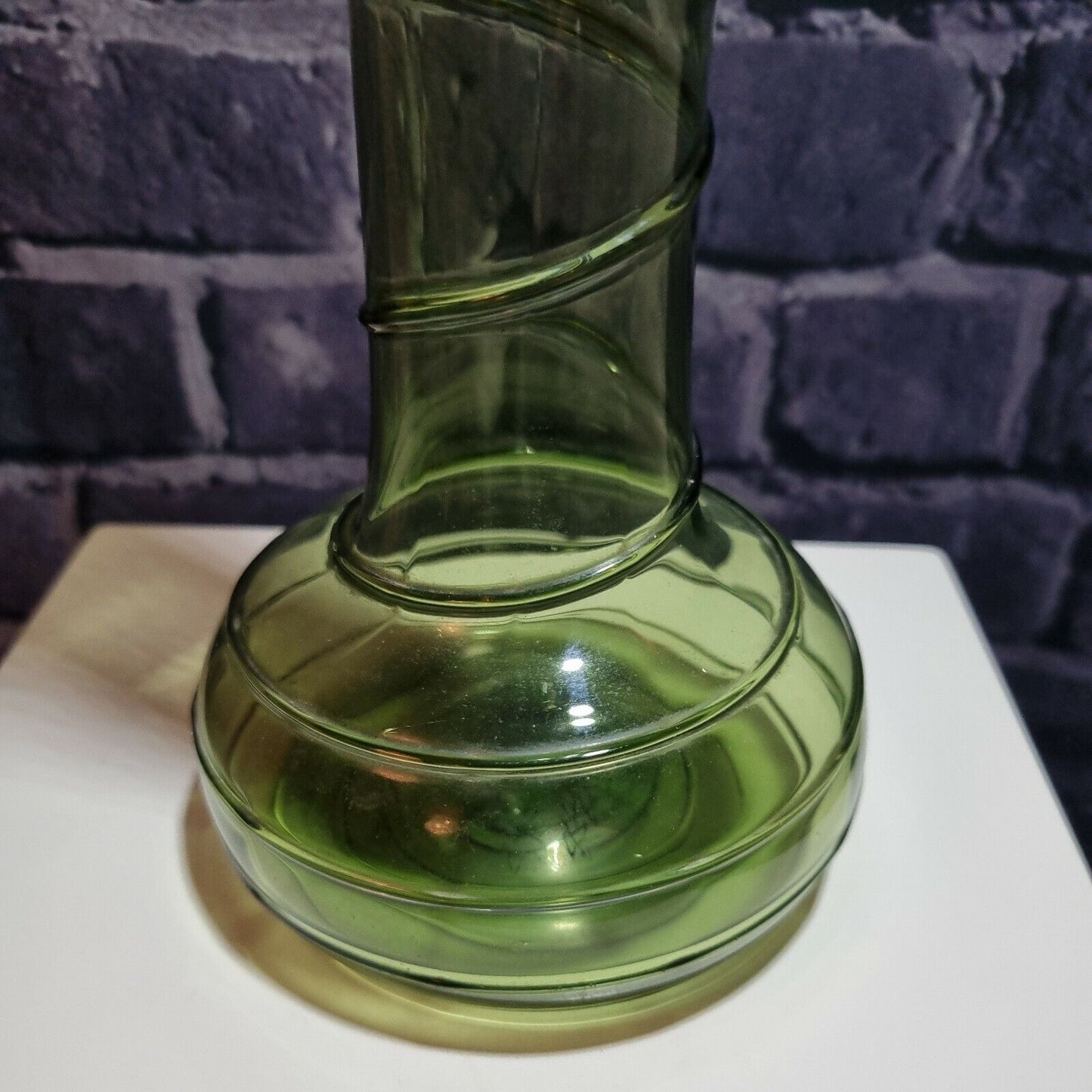 VINTAGE GLASS  Vase GREEN Hand-blown Spiral trail, crimp finish, Bohemian?