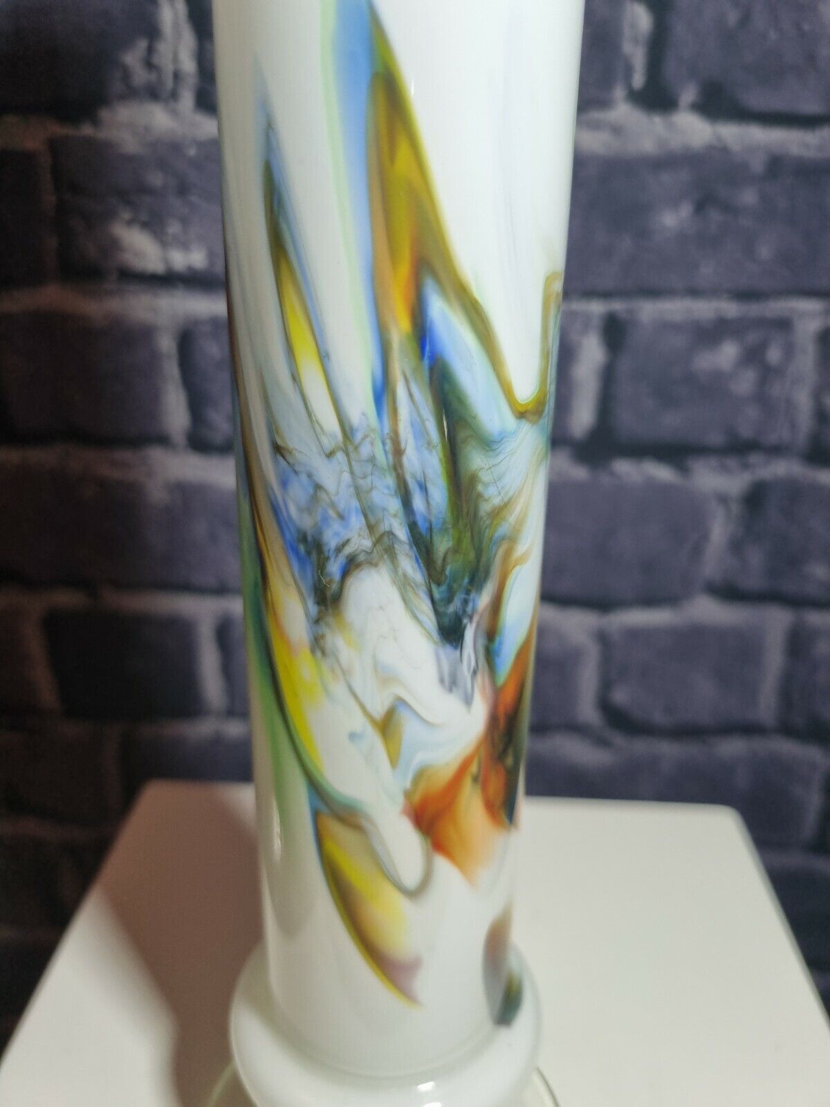 Retro 1970's Chinese Dalian Glass 'Snowflake' White & Coloured Tall Vase