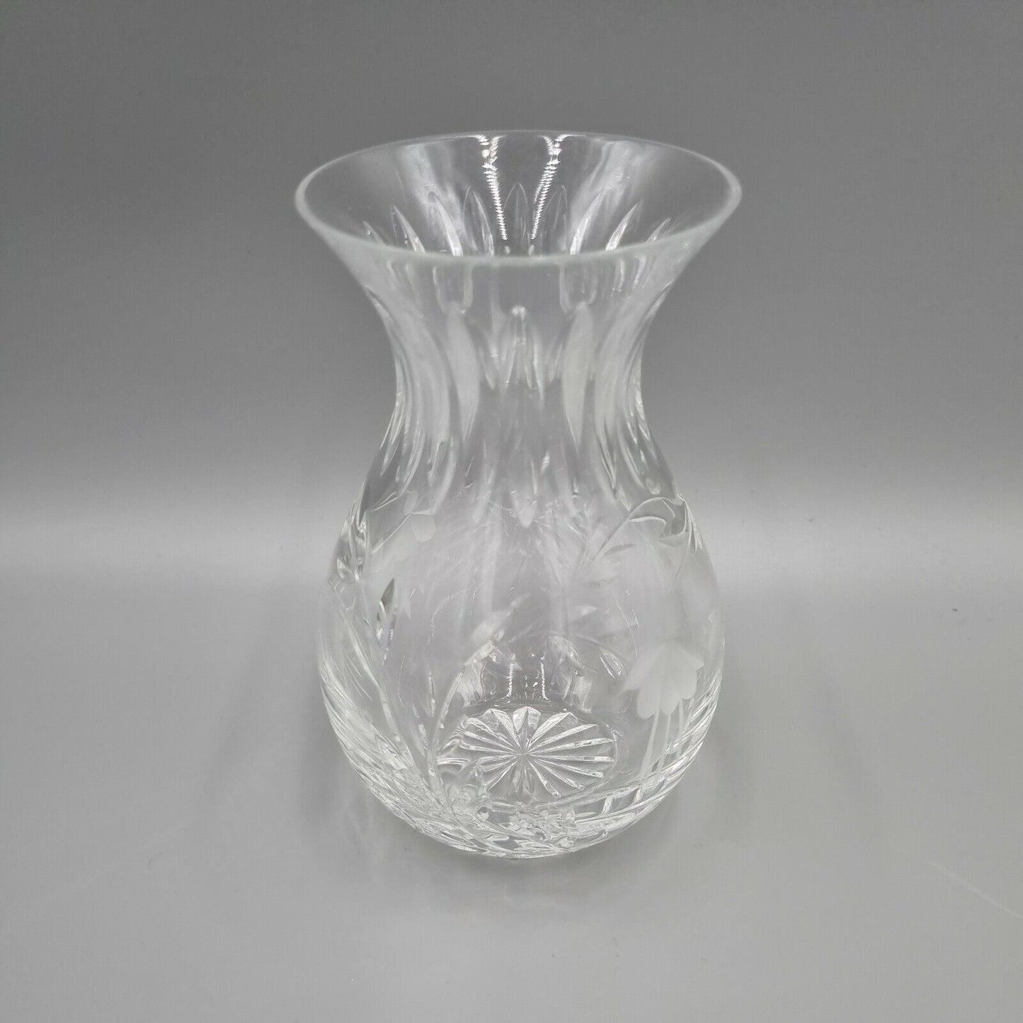 A Stuart Crystal Hand Engraved Bulb Vase, Fuchsia Design. VGC. H - 6".