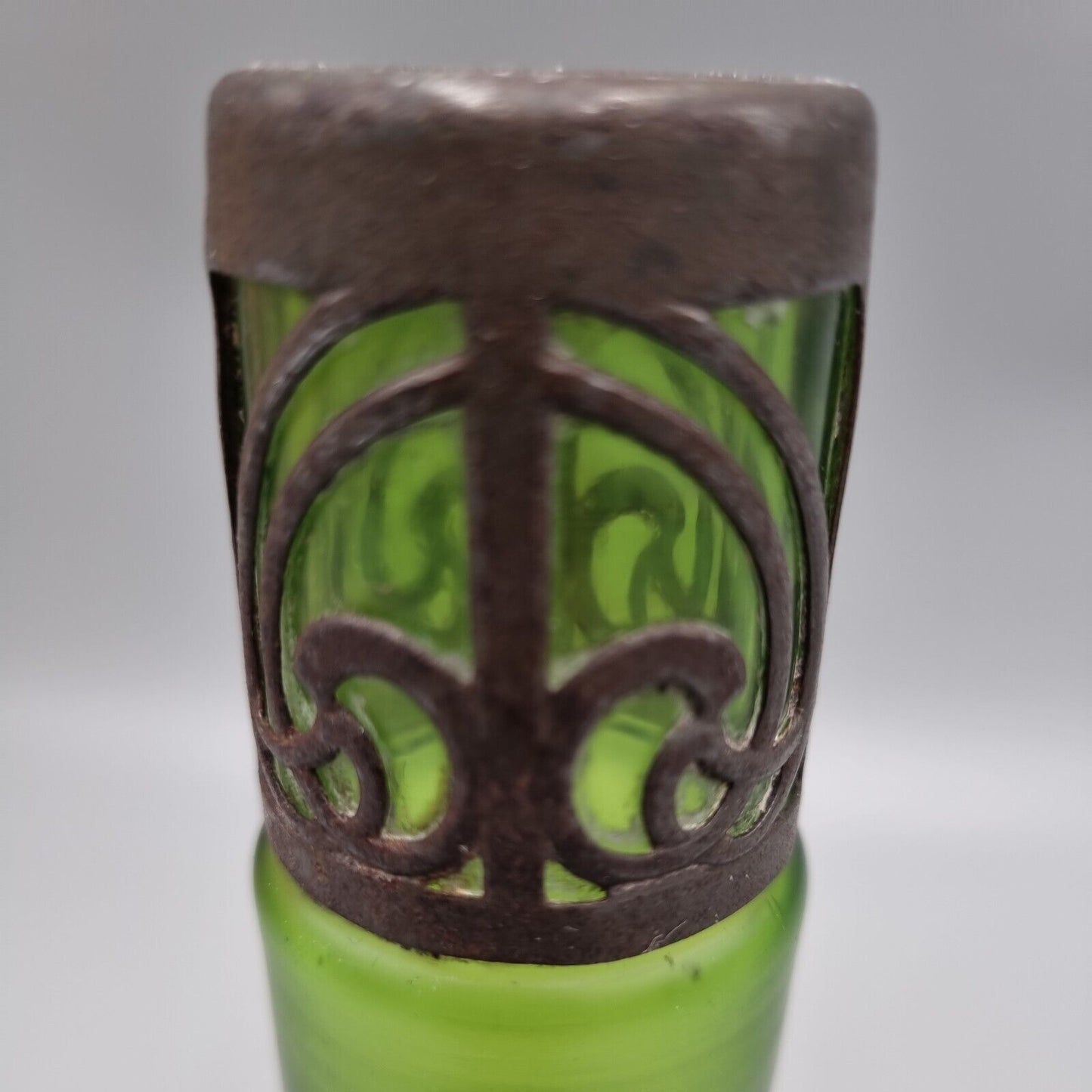 An Antique Loetz, Art Nouveau, Green Glass Metal Overlay Vase.