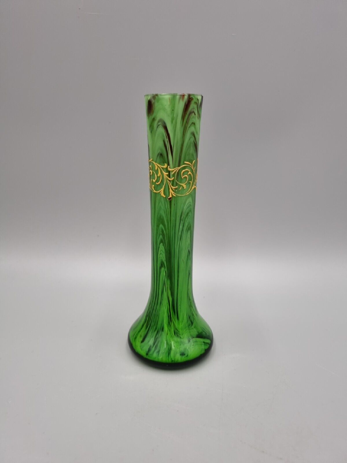 A Small Green Studio Glass Posy / Bud Spill Vase with Gold Enamel Decoration.