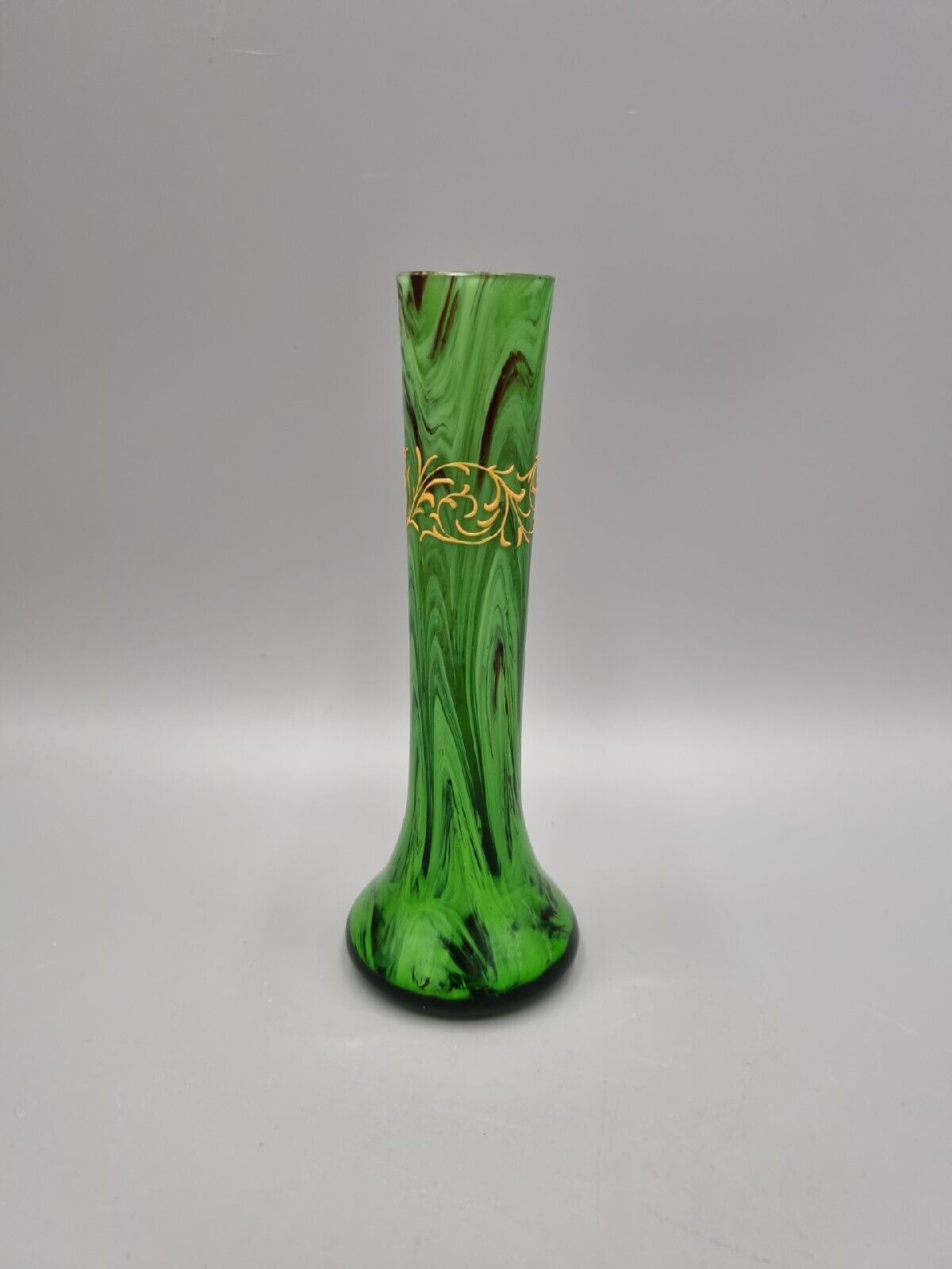 A Small Green Studio Glass Posy / Bud Spill Vase with Gold Enamel Decoration.