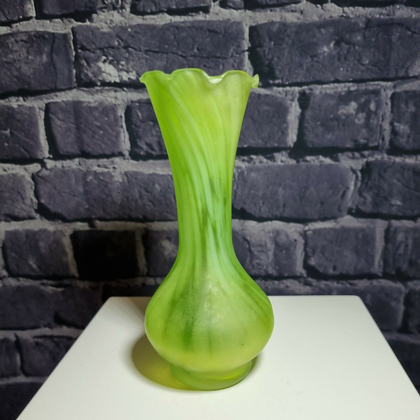 A green and White Frosted Vintage glass posy / bud vase with frilled mouth, VGC.