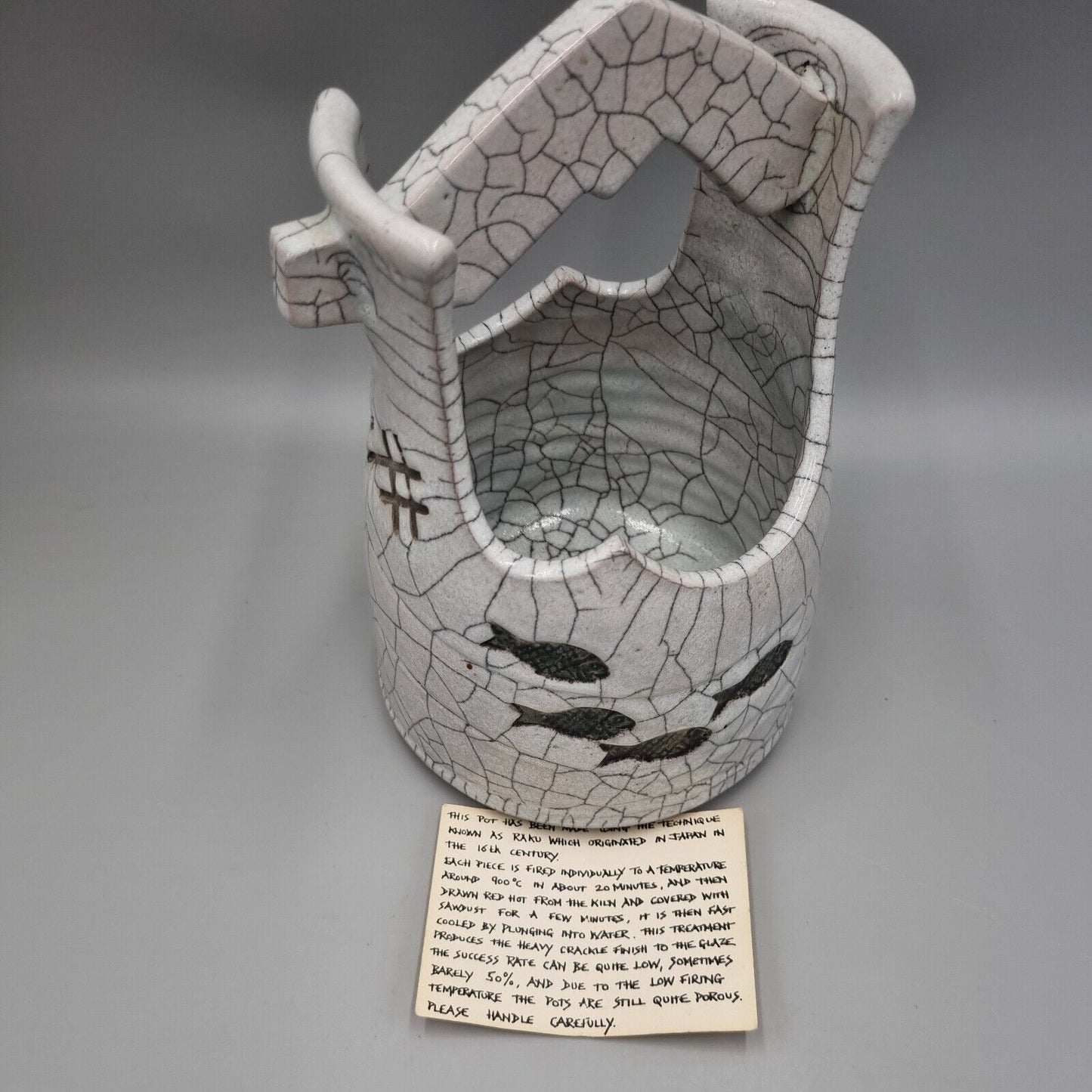 A Will Illsley Studio Pottery Raku Pot, Fish , Torkington Gallery, Stamford.