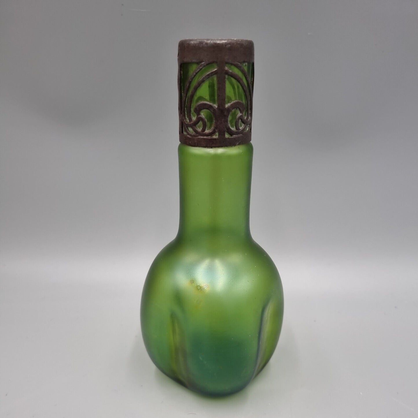 An Antique Loetz, Art Nouveau, Green Glass Metal Overlay Vase.