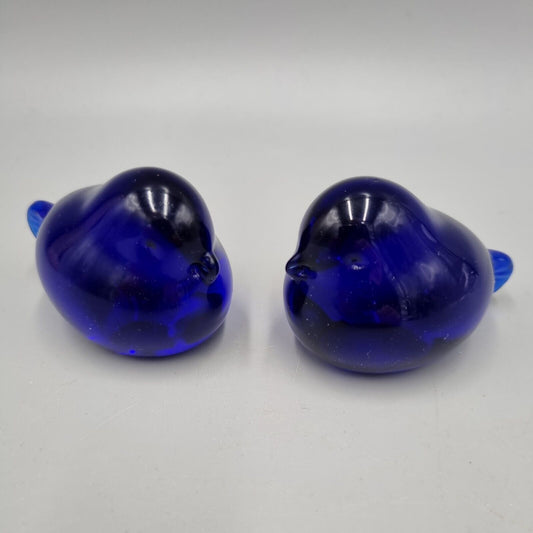 A Pair Of Small Studio Glass Paperweight Cobalt Blue Bird, Reijmyre Style Sweden