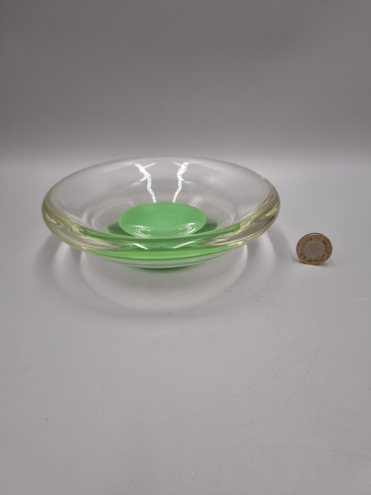 A Studio Art Glass Bowl, Green Disc, Unmarked.