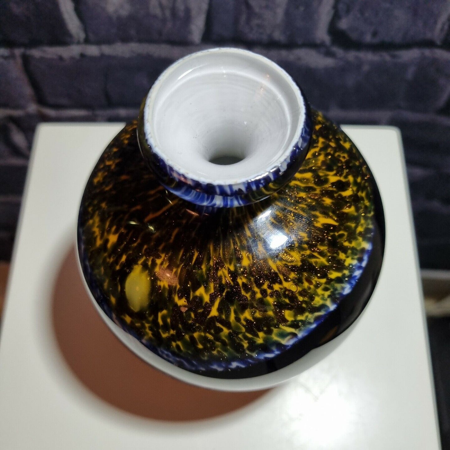 Studio Art Glass Bud Vase. Sparkling  Yellow and Purple Abstract. VGC.