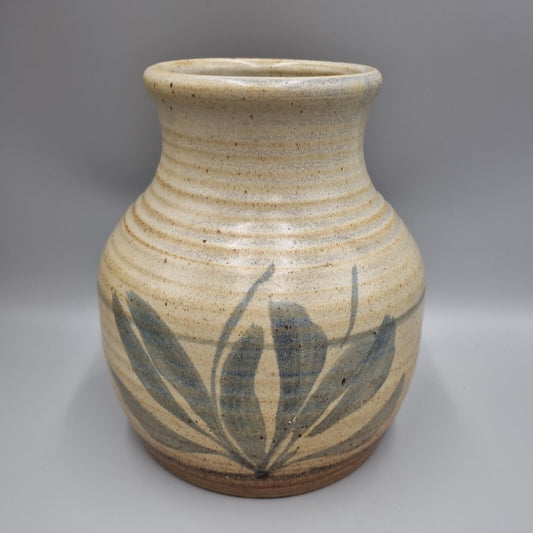 A Substantial Studio Pottery Vase, Blue Leaf Decoration. Unmarked.