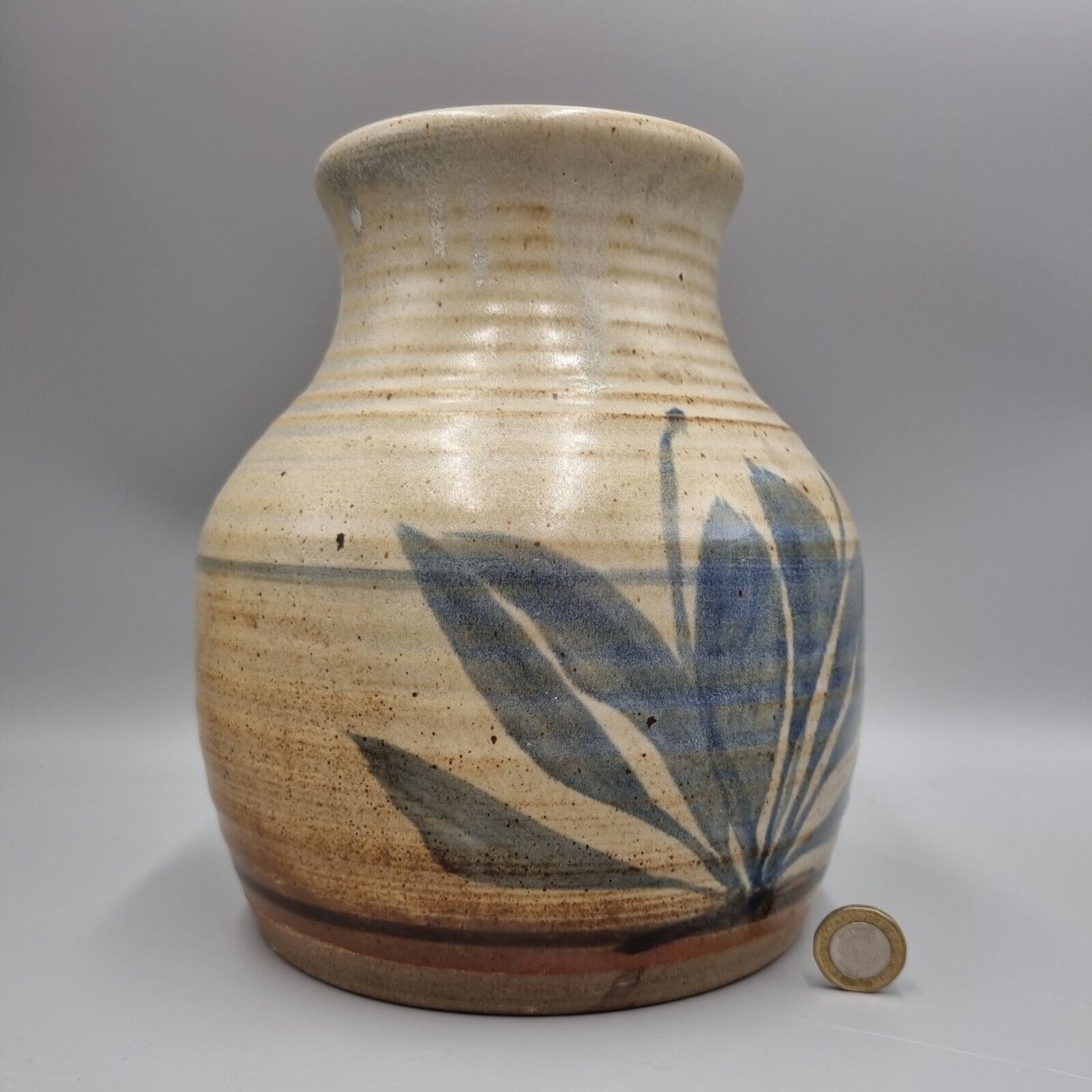 A Substantial Studio Pottery Vase, Blue Leaf Decoration. Unmarked.