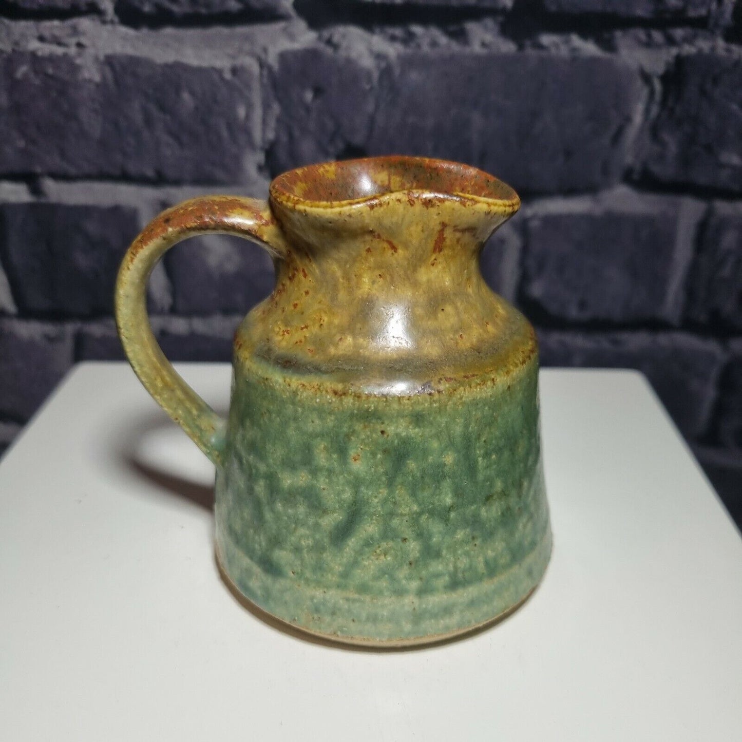 Vintage Janet Upton, Slindon Pottery Studio, Green / Brown Jug, 9cm Tall.