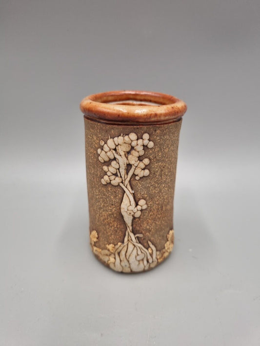 A Small Studio Pottery Cylinder Vase With Applied Decoration.