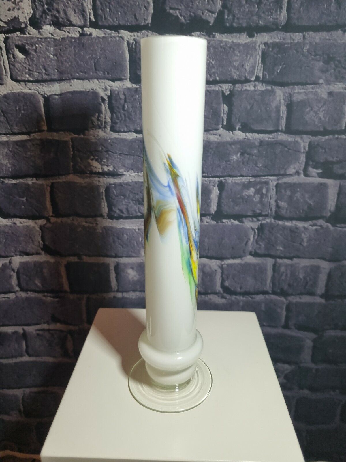 Retro 1970's Chinese Dalian Glass 'Snowflake' White & Coloured Tall Vase