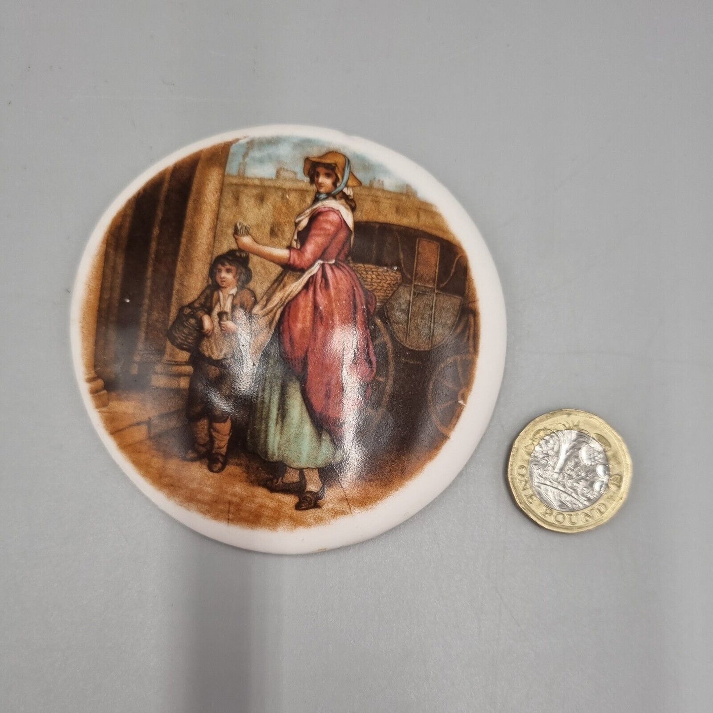 Vintage Prattware / Mayer ? Pot Lid With Transfer, Woman And Boy Pencil Seller