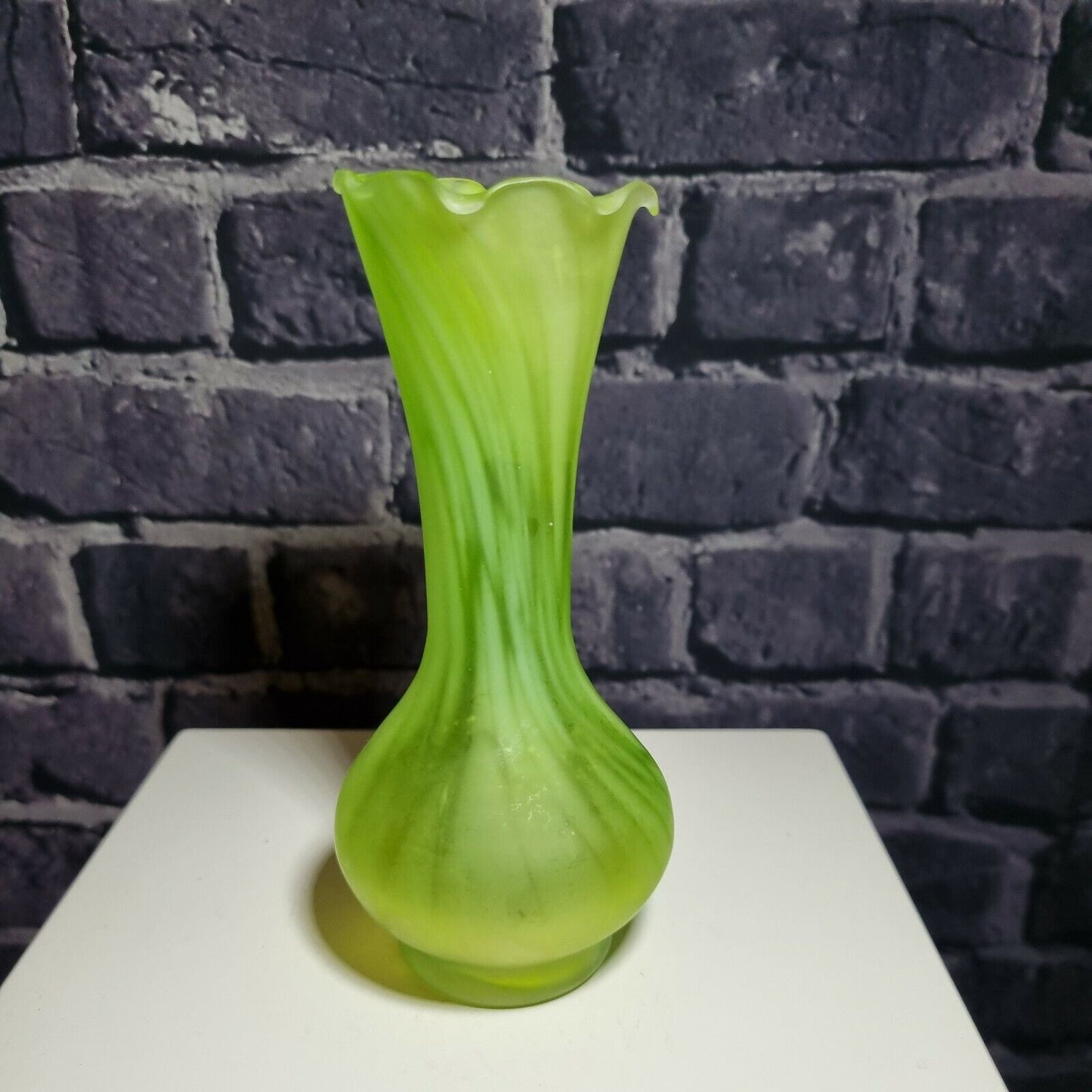 A green and White Frosted Vintage glass posy / bud vase with frilled mouth, VGC.