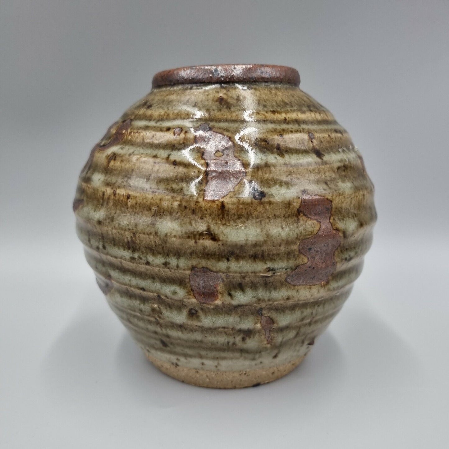 A Studio Pottery Bowl Vase, ribbed with Japanese Script, VGC.