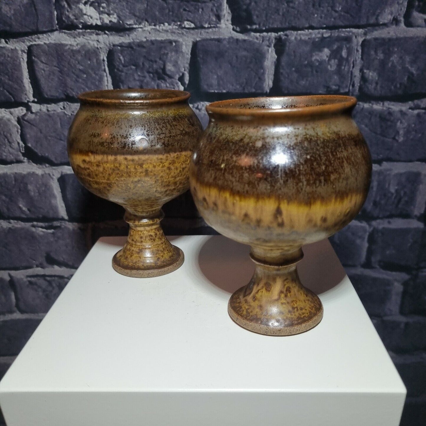 Pair of Studio Pottery Stoneware MCM Vintage Handmade Speckle Goblet Cup, mark.