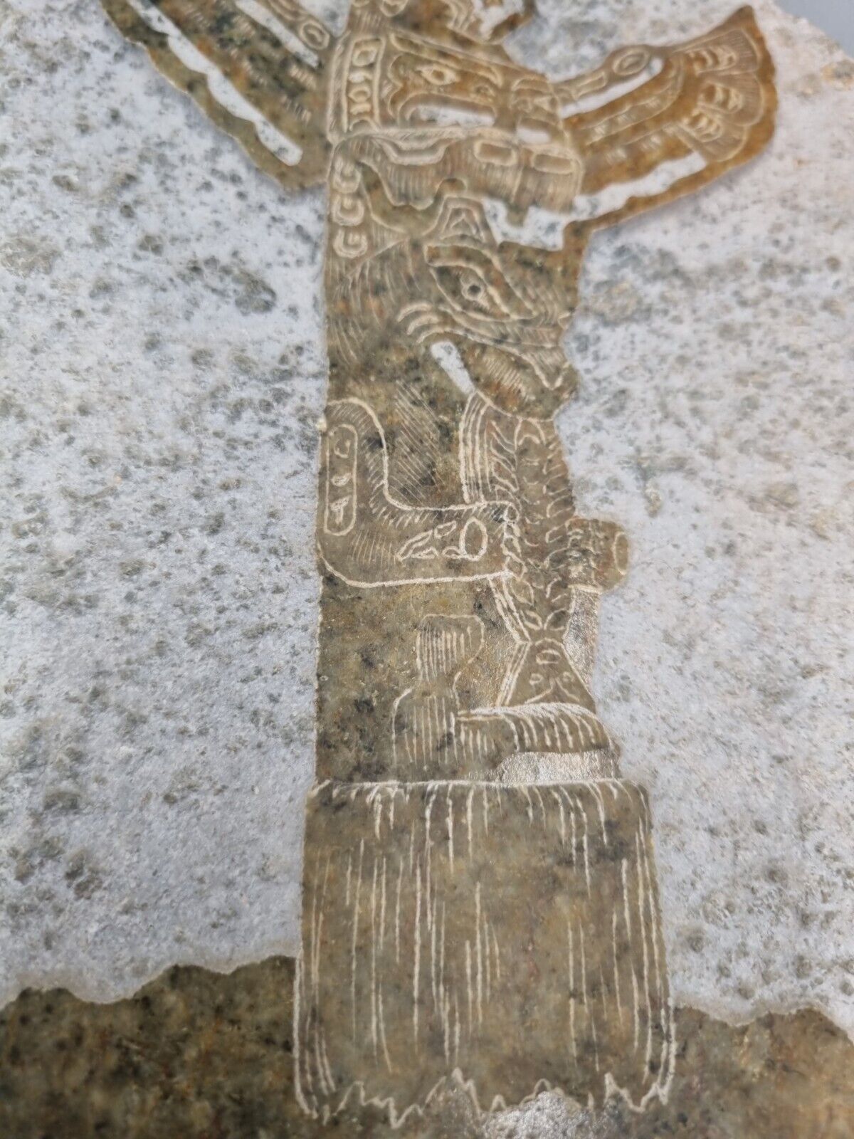 A Bas-Relief Hand Carved Stone Image Of A Maya Totem, Signed.