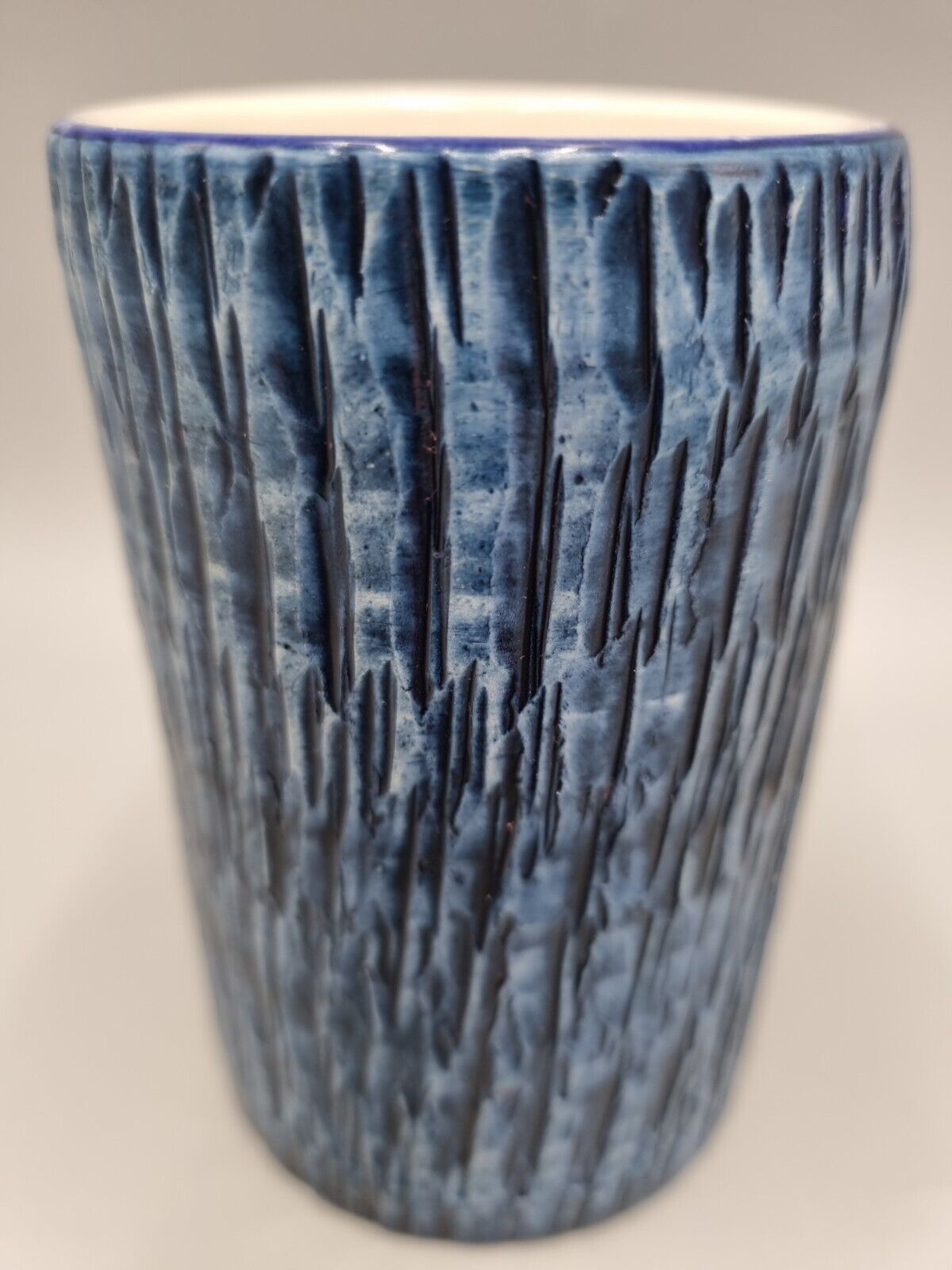 A Vintage Studio Pottery Bristow Malta Blue Textured Beaker. VGC.