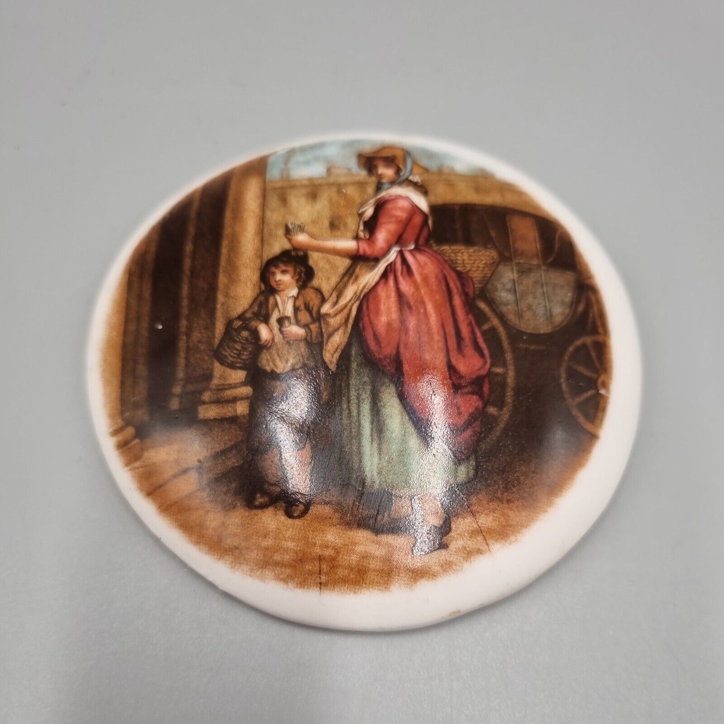 Vintage Prattware / Mayer ? Pot Lid With Transfer, Woman And Boy Pencil Seller