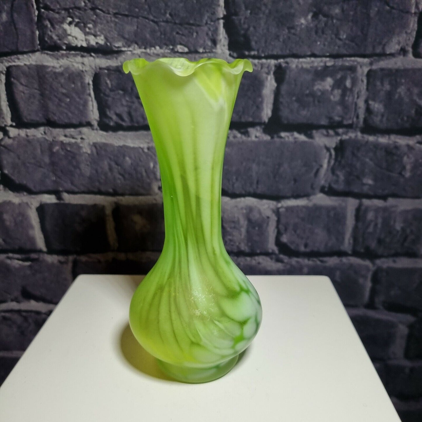 A green and White Frosted Vintage glass posy / bud vase with frilled mouth, VGC.