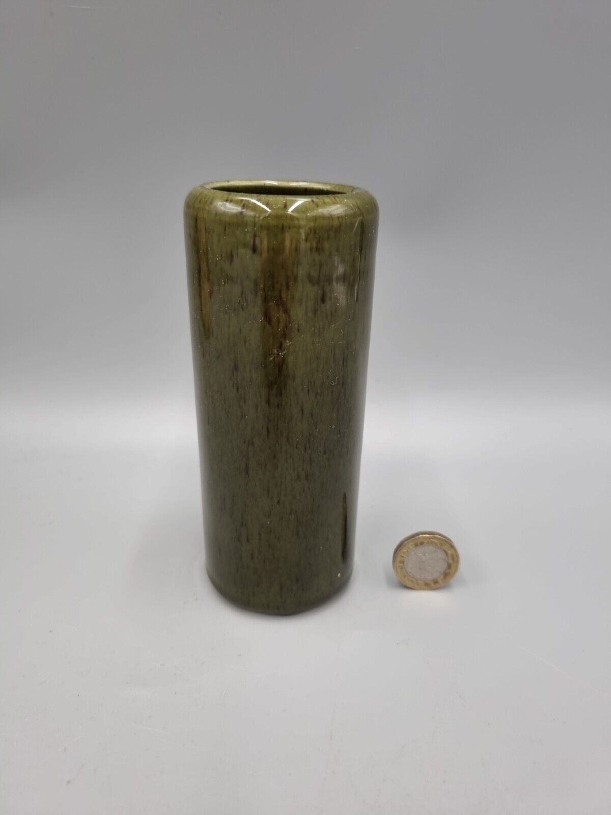 A Studio Pottery Cylinder Vase, Deep Green Glaze, Unmarked, Very Good Condition.